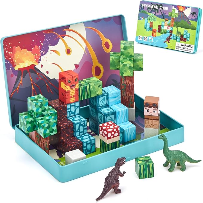 hahaland Mini Magnetic Blocks Travel Set with Magnetic Case - 52 PCS Magnet Building Cubes Dinosaur Toys for Kids 3-5 Toddler Travel Toys Airplane Essentials, Stem Toys 4 Year Old Boys 3 Year Old Gift