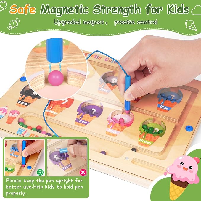 2 in 1 Magnetic Color and Number Maze, ABC Alphabet Puzzles Board Magnet Ice Cream Toys, Montessori Educational Magnet Puzzle, Preschool Learning Counting Toys for 2 3 4 5 Birthday Gifts