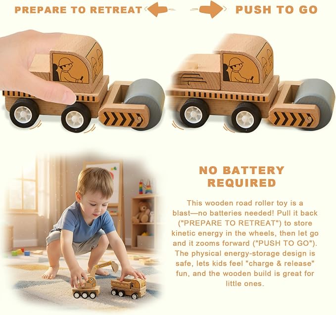 6-Piece Wooden Construction Vehicle Toys Set with Bulldozer, Excavator, Crane, Dump Truck – Montessori Toddler Toys Ages 2-4, All-Natural Safe Push & Go Gift for Boys & Girls