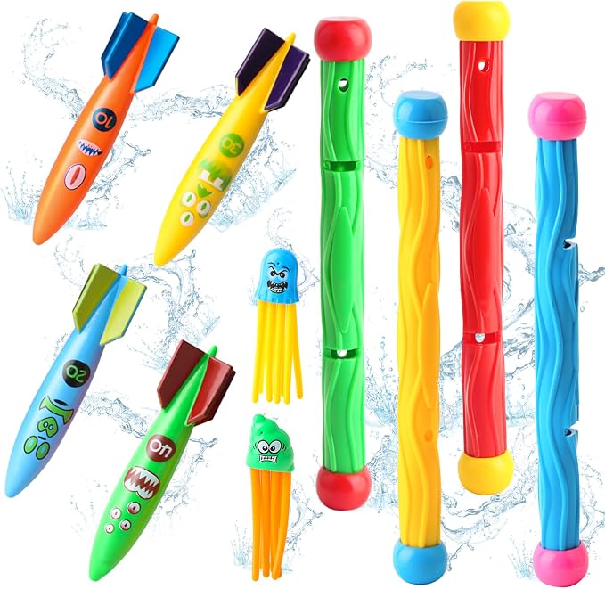 Dive Rings Pool Toys Adults, Diving Pool Toy for Kids Ages 4-8, Shark Torpedo Dive Set, Octopus Toddler Water Fun Toys, Summer Essentials Underwater Swimming Throwing Gifts for Boys & Girls