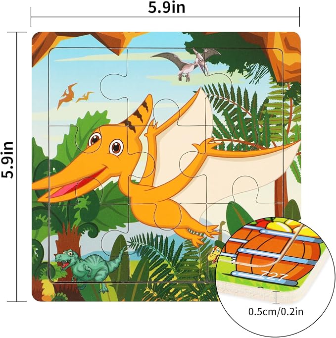 SANNIX 12 Pack Dinosaurs Animals Jigsaw Puzzles with 12 Organize Bags Wooden Dinosaurs Toddlers Puzzles for Kids Ages 3-6 Party Favors Educational Learning Travel Toys for Boys and Girls