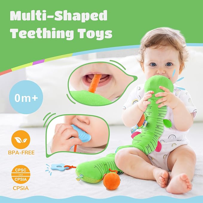 AWOTOY Baby Sensory Toys Music Caterpillar Plush Infant Toys 0 6 12 Months | Stuffed Animals Tummy Time Teething Toys with Mirror Pull String Rattle Baby Toys for Newborn Boy Girl Shower Birthday Gifts