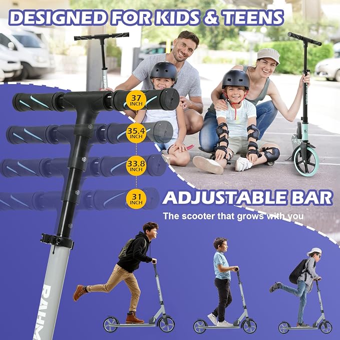 Rahmory Kick Scooter for Ages 6+,Kid, Teens & Adults. Foldable Kick Scooter for Boys with 4 Adjustable Heights, ABEC9 Bearings, Supports Up to 220 lbs.