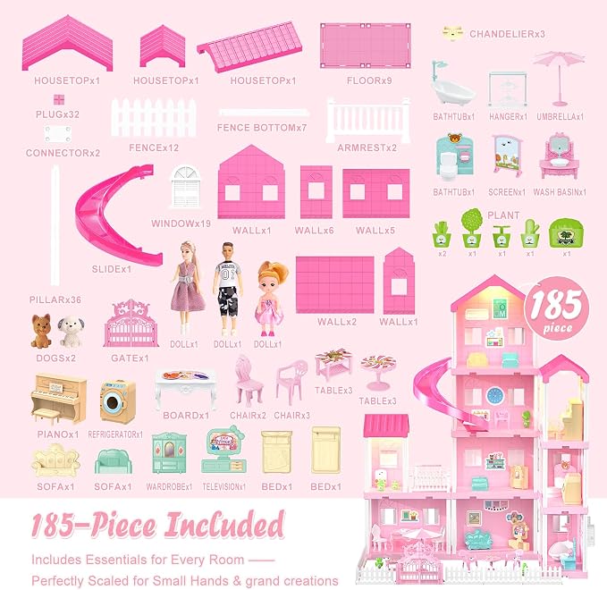Dreamy Dollhouse Playset for Girls,Princess Doll House with 4-Story 10 areas 2 Dolls, Lights, Pets,Furniture & Accessories, Pretend-Play Toddler Playhouse Gift for 3 4 5 6 7 8 9+ Year Old Girls Toys