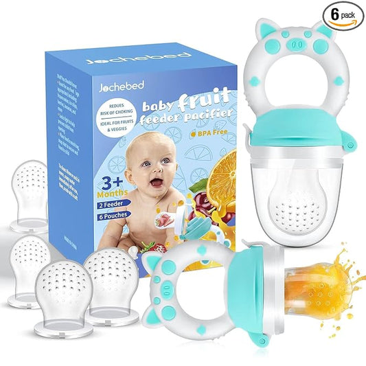 Baby Fruit Food Feeder Pacifier - Fresh Teething Pacifiers, Infant Fruit Teething Teether Toy for 3-24 Months, 6 Pcs Silicone Pouches for Toddlers & Kids & Babies, Piggy Handle 2-Pack (Blue)