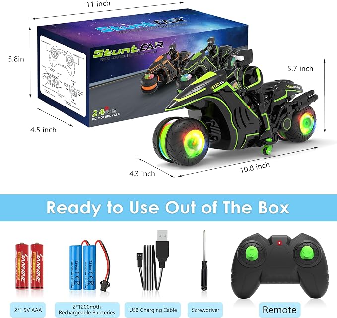 Remote Control Motorcycle, 2026 New Edition with RGB Color-Changing Wheels and Exclusive Sideways Glide, Ready-to-Play with 2 Batteries, 2.4GHz RC Stunt Bike Gift for Kids Boys Girls 5-12