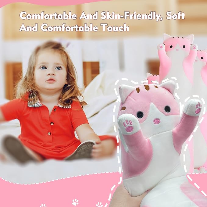 Long Cat Plush Pillow, 43.3in Cute Pink Cat Plushie Stuffed Animals Body Pillow, Kawaii Kitten Soft Plushie Doll Toy Birthday Gift for Children Girlfriend