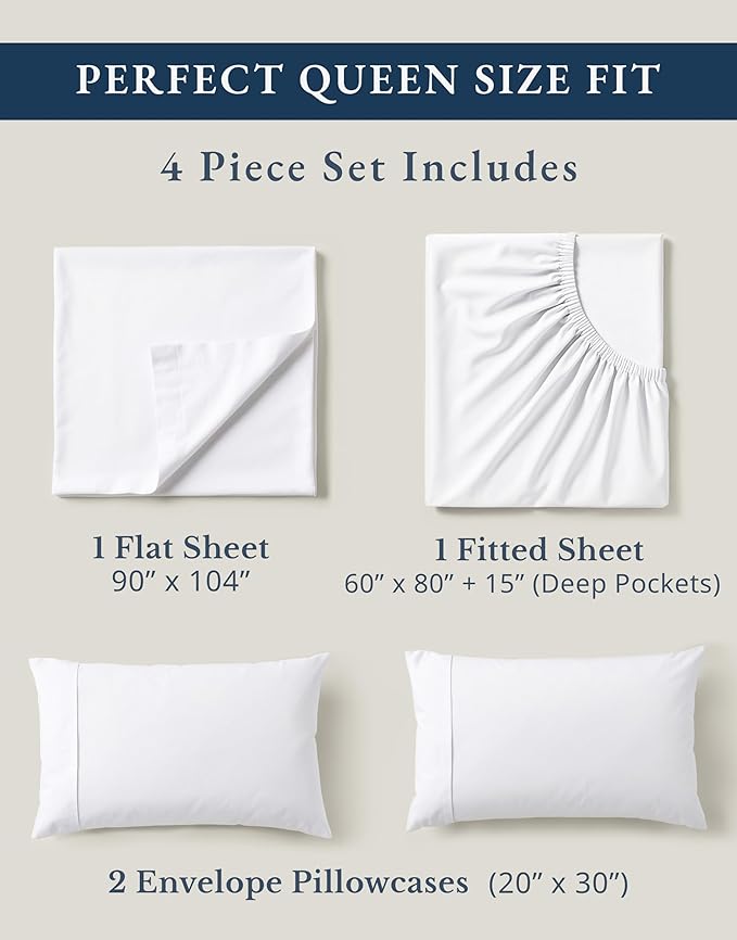 LANE LINEN Queen Sheets 100% Organic Cotton 4pc Percale Cooling - White | Queen Sheet Set, GOTS Certified Organic Cotton Percale - Crisp, Cool & Breathable, For Hot Sleepers, All-Season Comfort