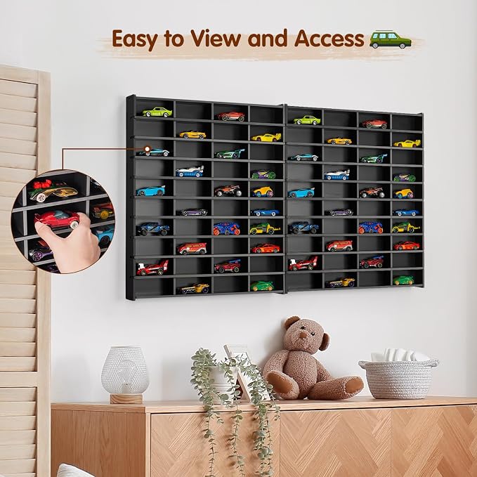 Krafetto 2 Pack Toy Car Display Shelf, Holds 80 Diecast 1/64 Toy Cars, Wall Mount Model Car Storage Organize Case, Black