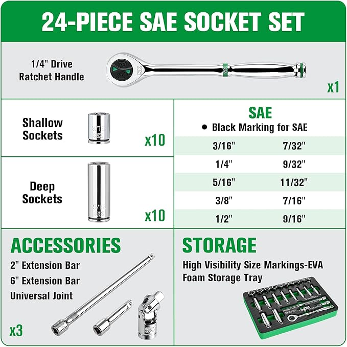 SK 1/4" Drive Socket Set with 160-P Ratchet, 24-Piece, SAE, SuperKrome Finish, Premium CR-V Construction, with EVA Foam Tool Organizer