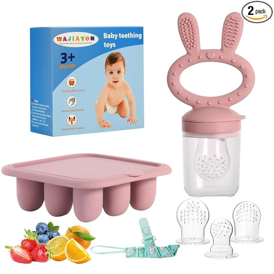 Baby Breastmilk Popsicle Molds & Baby Fruit Feeder (2 Pack), Baby Food Freezer Tray Storage Containers, Silicone Teething Pacifier Feeder and Teether for Babies,Baby Feeder-Pink