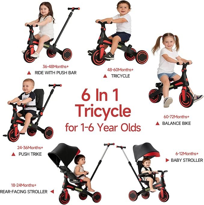 Winhope Kids Tricycle, 6 in 1 Baby's Tricycle Toddler Trike with Adjustable Push Handle, Reversible Seat and Canopy, Baby Stroller for 1-6 Year Olds, Suitable for Outdoor Activities(Red)