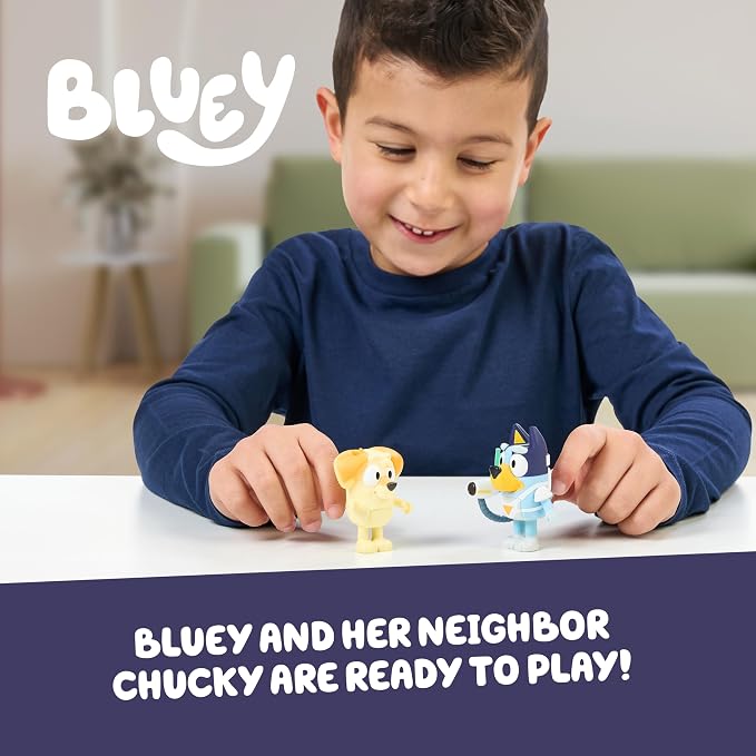 Bluey Surprise Blaster Suit Action Figure Set of 2, Articulated Character Toys with Neighbour Chucky Figurine, Small Action Figures for Kids Ages 3+