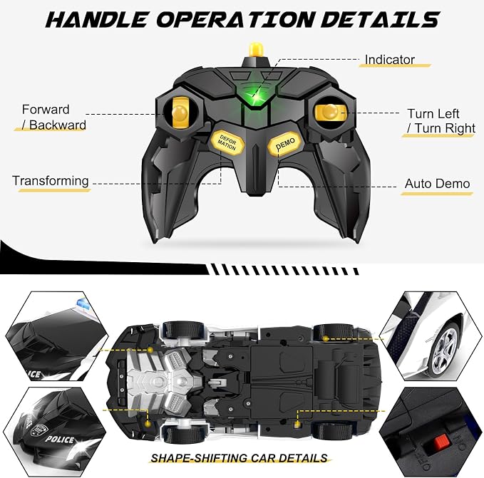 Dolanus Remote Control Police Car - RC Car Transform Robot, Flashing Light, 2.4Ghz, 360 Degree Rotating, Toys for Ages 5-7, Kids Toys, Birthday Gifts for 3 4 5 6 7 8 10 12 Years Old Boy (Black)