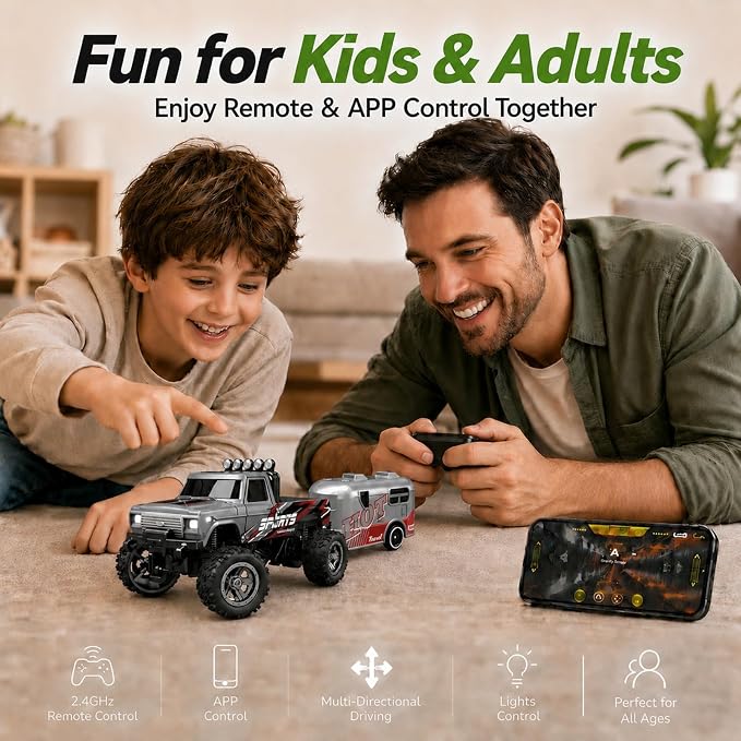 1:64 Scale Mini Remote Control Monster Truck with Trailer | 2.4GHz & App Dual Control, Alloy Mini RC Car with LED Lights, Portable Pocket Toy Car for Kids & Adults, Gift for Boys (Grey)