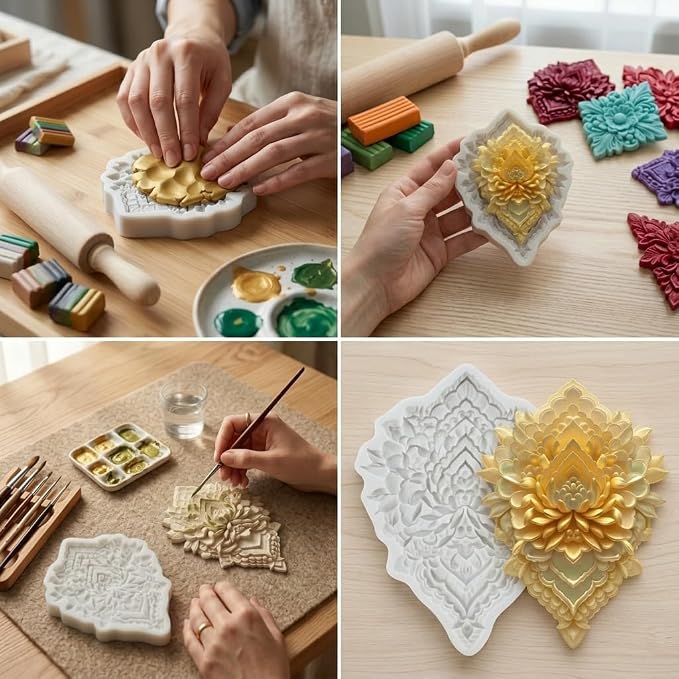 Baroque Relief Flower Polymer Clay Molds Baroque Relief Filigree Lace Silicone Mold for Epoxy Resin Casting DIY Crafts Air Dry Polymer Crafts Supplies Clay Tools