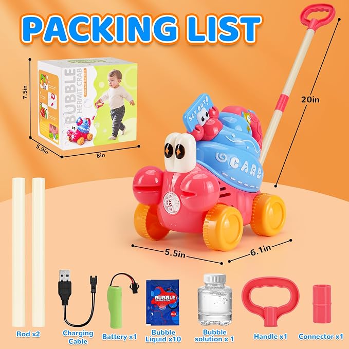 Crab Bubble Machine for Kids,Handheld or Push Bubble Maker Blower,Bubble Lawn Mower W/Lights,Outdoor Toys Birthday Gift for Toddlers Boys Girls 3 4 5 6 Years Old (USB Rechargeable)