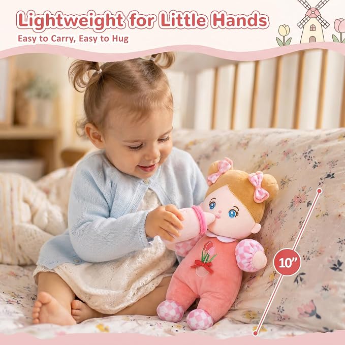 OUOZZZ Soft Baby Doll 10" Tulip Pink - First Birthday Toys for 1 Year Old Girl, Ideal 1 Year Old Girl Gifts & Baby Girl Gifts, Snuggle Buddy for Infants