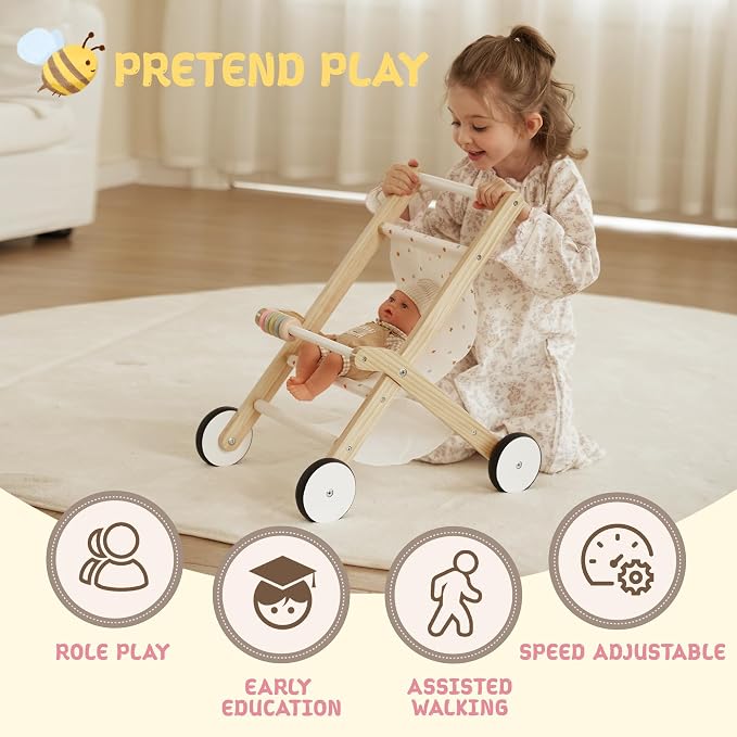 Freniland Wooden Baby Doll Stroller, Toddler Push Walker Toy, Doll Push Cart for Boys & Girls, Learning to Walk & Pretend Play Toy 18M+