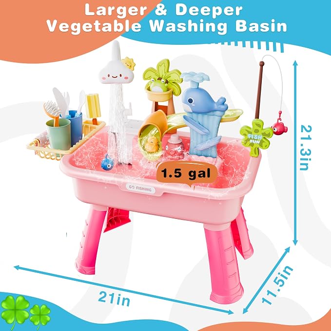 2026 Upgraded Water Table for Toddlers 1-3, Kids Play Sink with Running Water, Toddler Kitchen Sink Toy with Pump, Fishing Game & Sensory Water Play Toys for Boys Girls (Pink)
