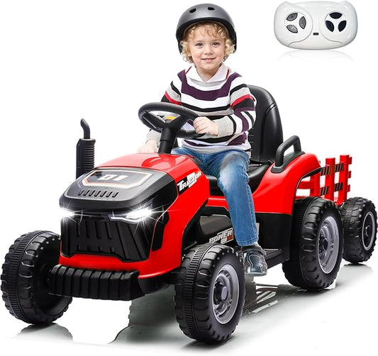 JOYRACER 24V Ride On Tractor for Kids, Ride on Toys w/400W Motors, Tiltable & Detachable Trailer, Adjustable Seat, Bluetooth, Music, Remote Control Electric Tractor Car for Kids, Red