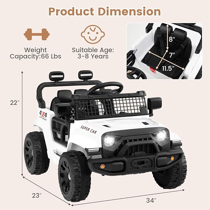 OLAKIDS 12V Ride On Truck, Battery Powered Electric Vehicle for Kids with Remote Control, Foldable Reflective Mirror, Spring Suspension, Music, LED Lights, Ride on Toy for 3+ Boys Girls (White)