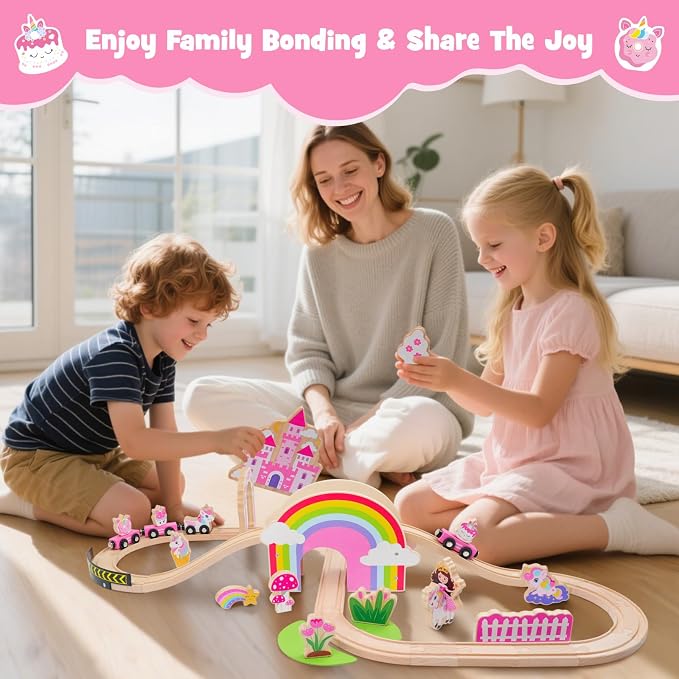 SIMPLIPLAY Wooden Train Set, 43PCS Unicorn Toy Train Set with Crash Barrier | Magnetic Wooden Train with Tracks & Bridge for Girls Toddlers, Enhance Fine Motor Skills, Ideal for Birthday Christmas