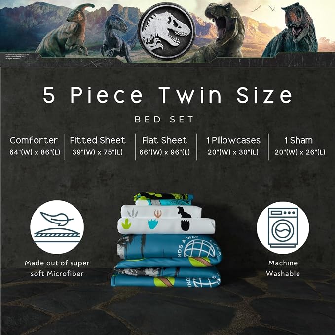 Jurassic World Kids Bedding Super Soft Cozy Reversible Microfiber Comforter and Sheet Set with Sham, 5 Piece Twin Size, (Officially Licensed Product) By Franco