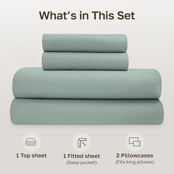 California Design Den King Sheets Deep Pocket Set - Soft 100% Organic Cotton Sheets, Crisp and Cool Percale, Deep Pockets with Anti-Skid Elastic, Breathable and Durable Bedding Set - Sage Green