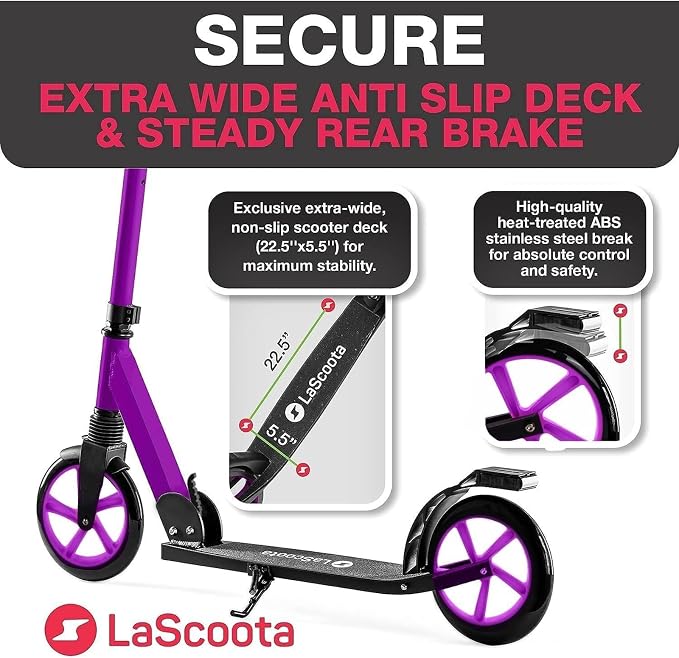 LaScoota Kick Scooter for Kids Ages 6+, Teens & Adults, Large 8" Sturdy Urethane Wheels. Adjustable Handlebar, Lightweight, Foldable, 220lbs Max Load
