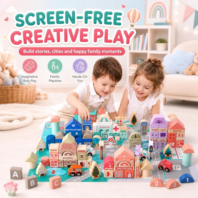 Migargle Wooden Building Blocks Set, 115 Pcs City Construction Stacker Stacking Preschool Learning Educational Toys, Toddler Toys for 3+ Year Old Boy and Girl Gifts