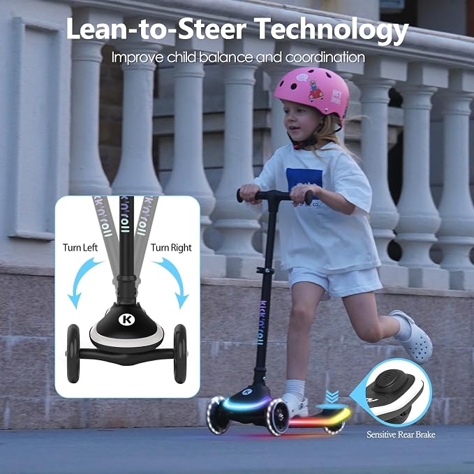 Kicknroll Toddler Scooter 3 Wheel Kids Kick Scooters with Dynamic Light-Up Non-Slip Deck & LED Wheels, 4 Adjustable Height, Foldable, Lean-to-Steer Design for Girls Boys Ages 3-8 Max 110 Lbs