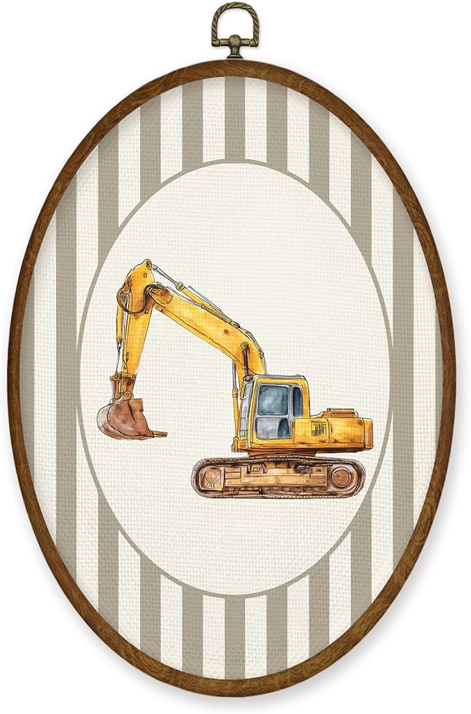 WULQYING Vintage Excavator Boy Nursery Wall Art Decor, Kids Oval Framed Canvas Art Prints, Neutral Striped Excavator Vehicle Wall Hanging Decor for Kids Boy Nursery Room Playroom, 8.5x11.4 Inches