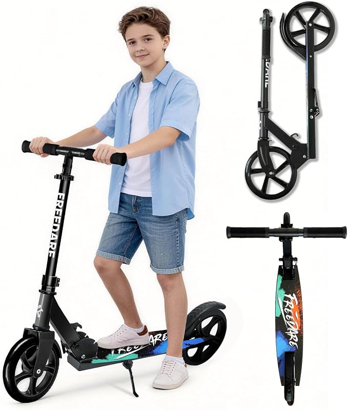 FREEDARE Kick Scooter for Kids & Adults Ages 8+, Foldable Teen Scooter with 2 Big 8-inch Wheels and 4-Level Adjustable Handlebar, Max Load 220 LBS