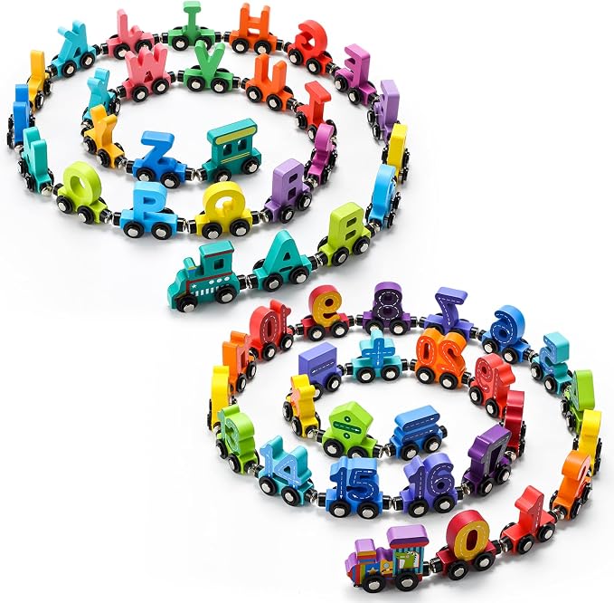 2 Sets/55 Pcs Magnetic Alphabet Number Train Set Montessori Toys for Toddlers Wooden Alphabet Number Preschool Learning Activities Educational Sensory Easter Basket Stuffers Birthday Gifts