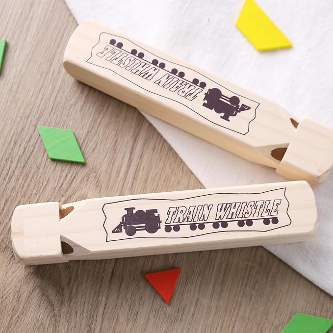 POPLAY 2PCS Kids Wooden Train Whistles, Noisemakers 4-Tone 7.3" Toy Wood Whistles for Kids Train Birthday Party Favors Carnival Prize Goodie Bag Filler Stocking Stuffers Game Prizes