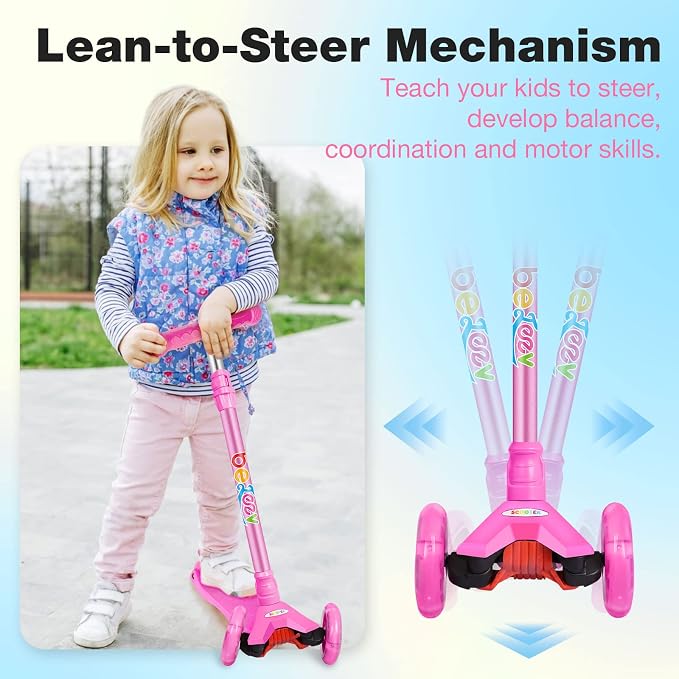 BELEEV Scooters for Kids 3 Wheel Kick Scooter for Toddlers Girls Boys, 4 Adjustable Height, Lean to Steer, Light up Wheels, Extra-Wide Deck, Easy to Assemble for Children Ages 3-12