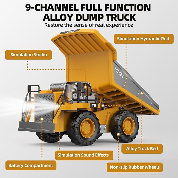 9-Channel RC Dump Truck Toy, 2.4GHz Remote Control Truck with Metal Bed, Light & Sound, 2 Rechargeable Batteries, Construction Vehicle for Kids Boys Girls Ages 3-12