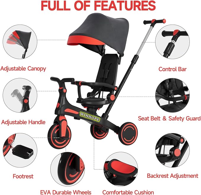 Winhope Kids Tricycle, 6 in 1 Baby's Tricycle Toddler Trike with Adjustable Push Handle, Reversible Seat and Canopy, Baby Stroller for 1-6 Year Olds, Suitable for Outdoor Activities(Red)