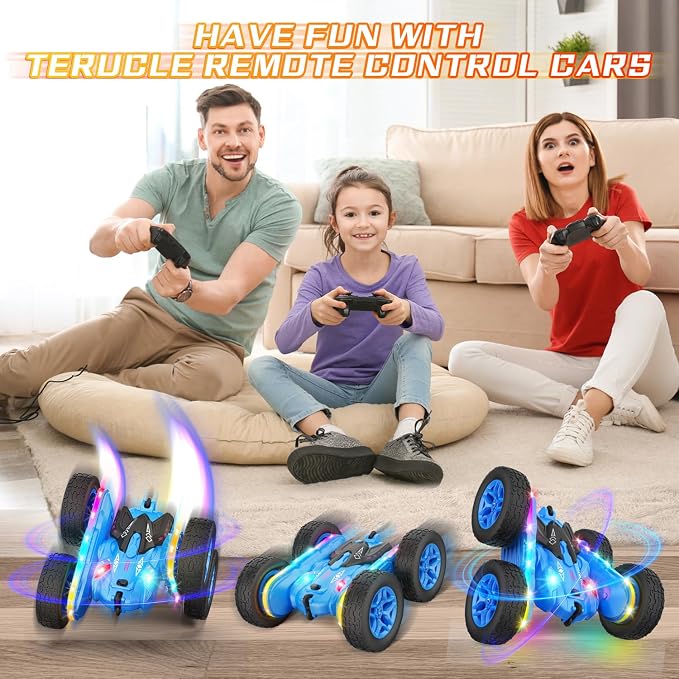 Terucle Remote Control Car, Rc Cars Stunt Toys New Upgraded Strip Lights and Headlights Toys Double-Sided 360° Rotating 4WD Drift Truck for Boys Girls Birthday Gift (Blue)