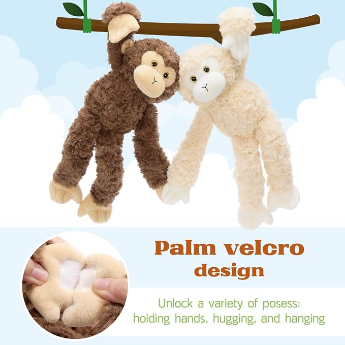 MorisMos 3Pcs Hanging Monkey Stuffed Animal Plush Toys, 16" Stuffed Monkey with Long Hands – Wearable & Huggable, Soft Cuddly Monkey Plushies for Home Decor, Christmas Birthday Gift for Kids Adults