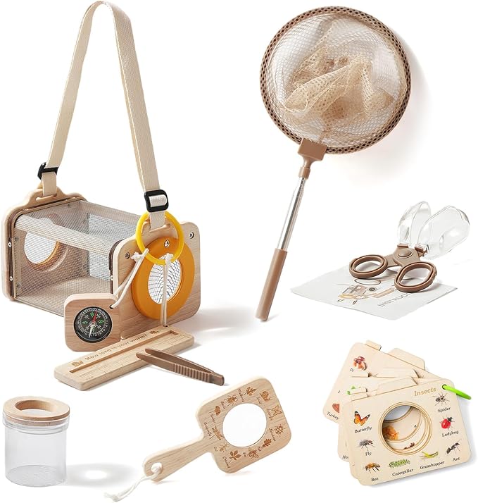 Wooden Bug Catcher Kit for Kids 3-8, 10PCS Durable Outdoor Explorer Kit with Magnifying Glass, Butterfly Net & STEM Guide, Catch & Release Adventure Set for Backyard & Camping