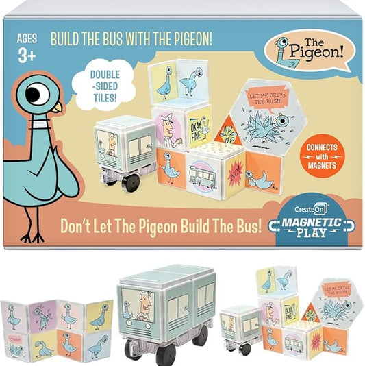 CreateOn Mo Willems - Don't Let the Pigeon Drive the Bus Magnetic Tiles, Magnetic Toy, Travel Toys, Classroom Sensory Toy Blocks, STEM & Montessori Tools for Boys & Girls Ages 3+ (16 Pieces)