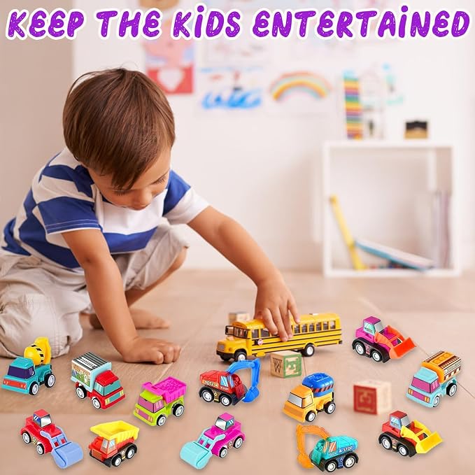 Car Toys for Ages 3-5 Kids, 12pcs Pull Back Cars Truck Vehicles Set for Boys Girls, Mini Assorted Construction Vehicle Toy Party Favors, Potty Training Reward for Kids