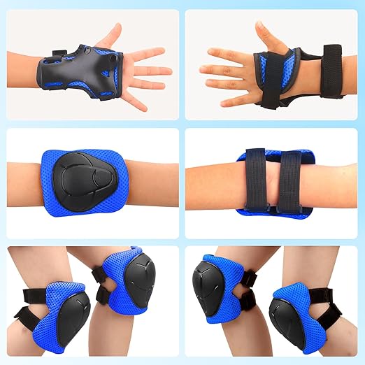 Kids Protective Gear Set - Knee Pads Elbow Pads with Wrist Guards for Ages 3-12 | 3-in-1 Safety Protective Gear for Skating, Cycling, Biking, Roller Skates, Scooters (Blue, ‎M(8-12Years))