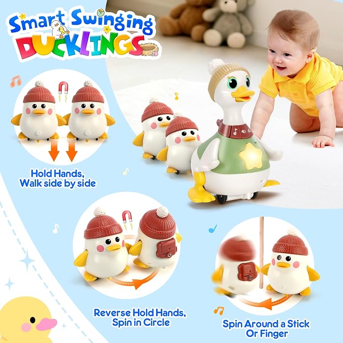 KETIEE Baby Toys 6-12 Months Musical Dancing Duck Set | Tummy Time Crawling Toy with Lights and Sounds, 3 Interactive Ducks for Sensory Development, Gift for 1-3 Year Old Boy Girl