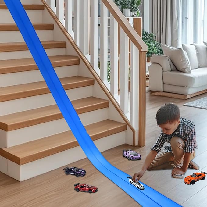Flex Track 15 Ft Starter Set – Flexible Race Car Ramp Track for Kids, Double-Sided Racetrack for 1:64 Diecast Cars and Similar Toy Cars, Ages 3 & Up with Suction Cups，Blue