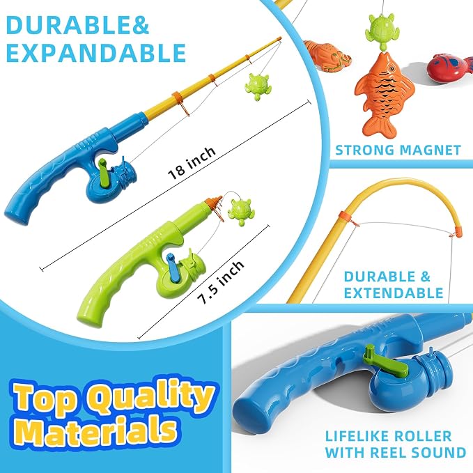 Magnetic Fishing Game Set for Toddlers 1-3 & Kids Age 3-5 Fishing Toys Includes Pole Rod Net & Floating Fish Water Table Bathtub & Pool Play Accessory with Ocean Animals for Summer Fun