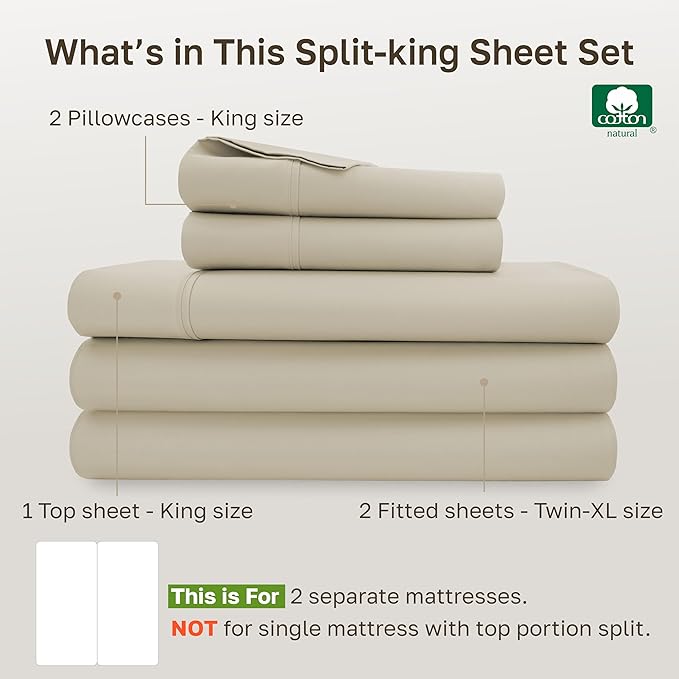 California Design Den Soft 100% Cotton Bed Sheets Split King Size Set, 400 TC Good Housekeeping Award Winner, Silky Smooth Sateen, Breathable Deep Pocket Split King Bedding Set - Beige