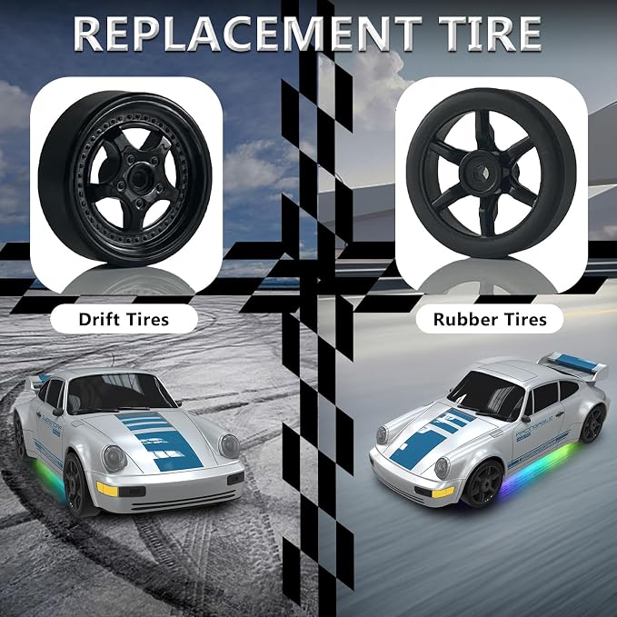 Remote Control Car RC Drift Car 2.4GHz 1:24 4WD 15KM/H High Speed Racing Sport Car with LED Lights Drifting Tire Racing Sport Toy for Adults Boys Girls Kids Gift 2Pcs Rechargeable Batteries